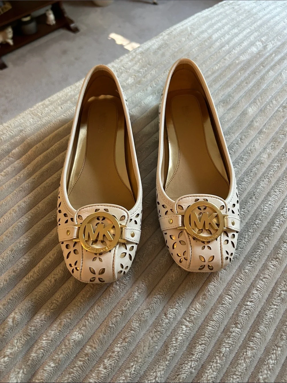 Michael Kors Cream Laser-Cut Ballet Flats with Gold MK Logo
